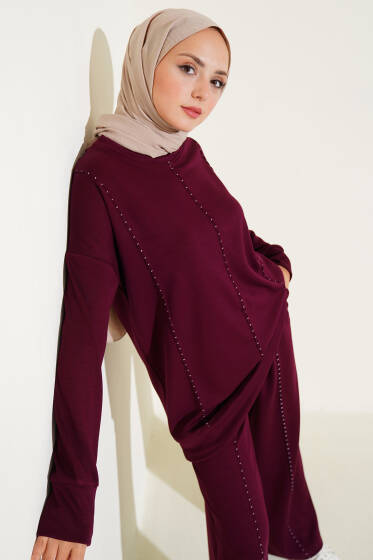 Loyşa Badem Dikişli İkili Takım Bordo - İkili Takım