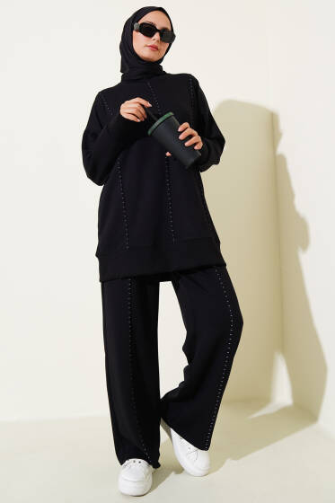 Loyşa Badem Dikişli İkili Takım Siyah - İkili Takım