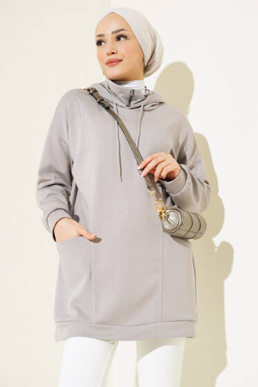 Loyşa Balıkçı Yaka Kapüşonlu Tunik Gri - Tunik