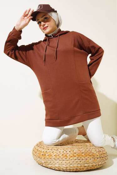 Loyşa Balıkçı Yaka Kapüşonlu Tunik Kahve - Tunik