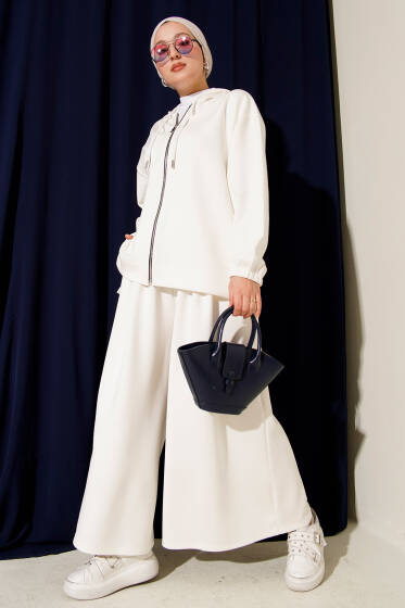 Loyşa Basic Fermuarlı Kapüşonlu İkili Takım Beyaz - İkili Takım