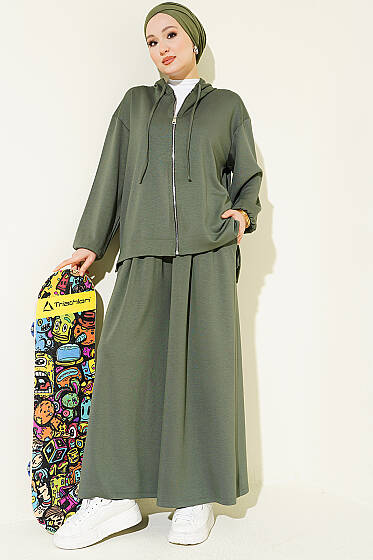 Loyşa Basic Fermuarlı Kapüşonlu İkili Takım Haki - İkili Takım