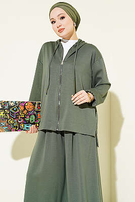 Loyşa Basic Fermuarlı Kapüşonlu İkili Takım Haki - İkili Takım