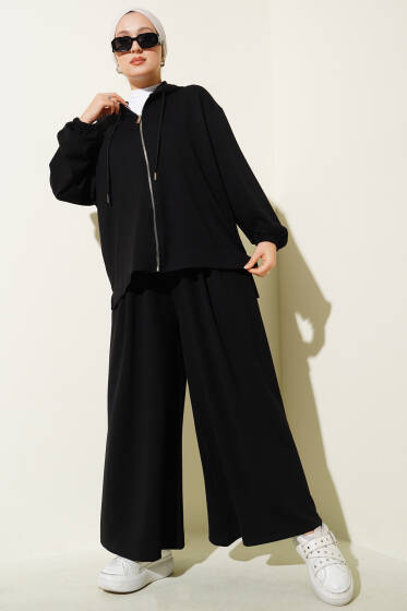 Loyşa Basic Fermuarlı Kapüşonlu İkili Takım Siyah - İkili Takım