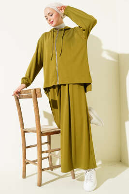 Loyşa Basic Fermuarlı Kapüşonlu İkili Takım Yağ Yeşili - YAZGI TEKSTİL