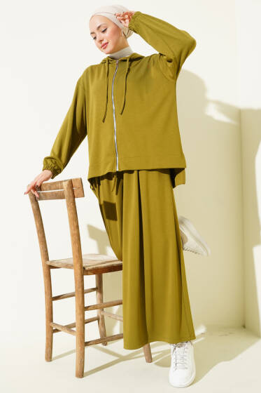 Loyşa Basic Fermuarlı Kapüşonlu İkili Takım Yağ Yeşili - İkili Takım