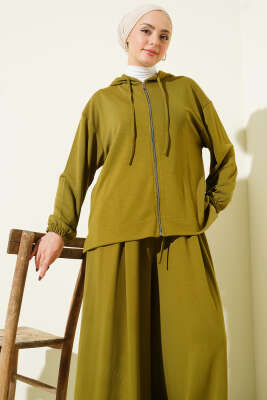 Loyşa Basic Fermuarlı Kapüşonlu İkili Takım Yağ Yeşili - İkili Takım