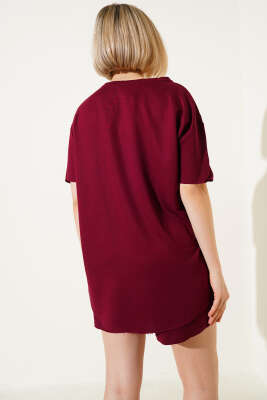 Loyşa Basic T-shirt Şort İkili Takım Bordo - İKİLİ TAKIM
