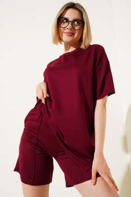 Loyşa Basic T-shirt Şort İkili Takım Bordo - Kadın Giyim Modelleri