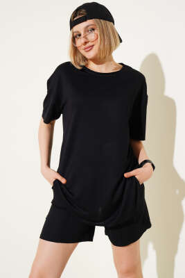 Loyşa Basic T-shirt Şort İkili Takım Siyah - İKİLİ TAKIM