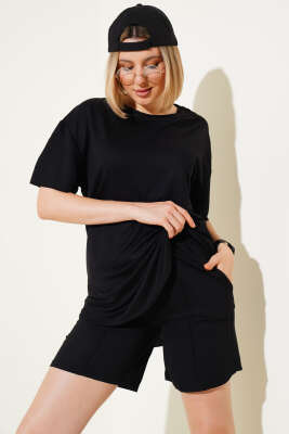 Loyşa Basic T-shirt Şort İkili Takım Siyah - Kadın Giyim Modelleri