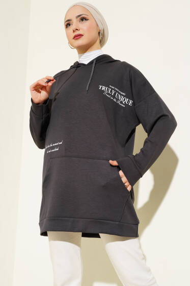 Loyşa Baskılı Kapüşonlu Tunik Antrasit - Tunik
