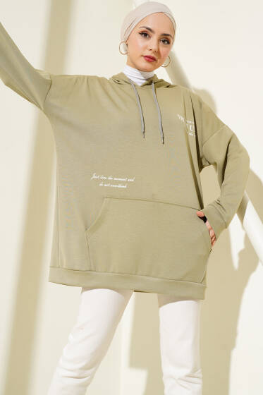 Loyşa Baskılı Kapüşonlu Tunik Çağla Yeşili - Tunik