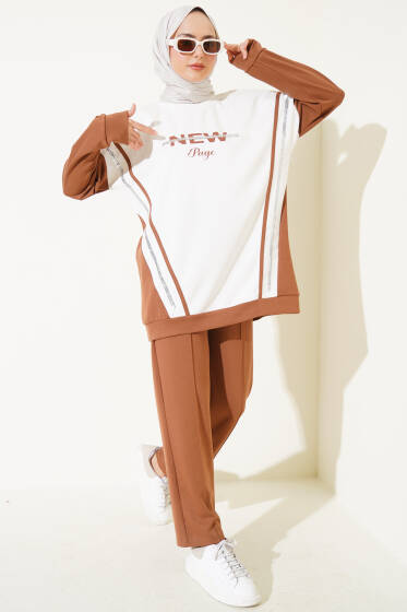 Loyşa Baskılı Pullu İkili Takım Kestane - İkili Takım