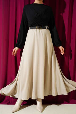 Loyşa Bel Lastikli Kemerli Etek Bej - SAS