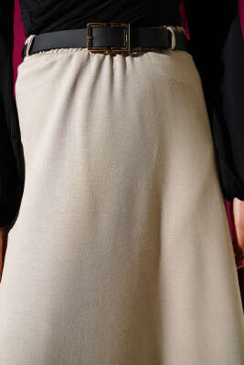 Loyşa Bel Lastikli Kemerli Etek Bej - Etek