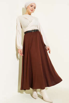 Loyşa Bel Lastikli Kemerli Etek Kahve - Etek