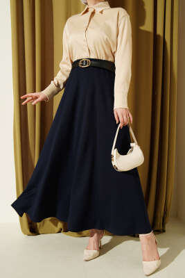Loyşa Bel Lastikli Kemerli Etek Lacivert