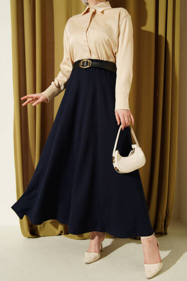 Loyşa Bel Lastikli Kemerli Etek Lacivert - Etek