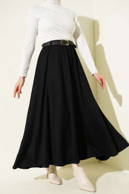 Loyşa Bel Lastikli Kemerli Etek Siyah - SAS