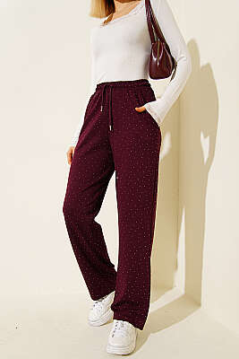 Loyşa Bel Lastikli Mini Taşlı Pantolon Bordo - ORIGINAL