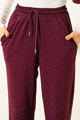 Loyşa Bel Lastikli Mini Taşlı Pantolon Bordo - Kadın Giyim Modelleri