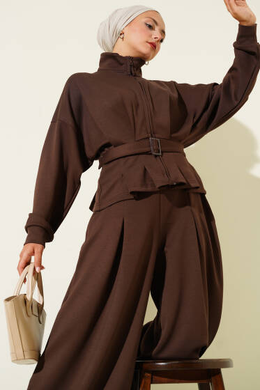 Loyşa Bel Pensli Kuşaklı İkili Takım Kahve - İkili Takım