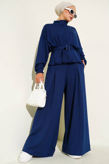 Loyşa Bel Pensli Kuşaklı İkili Takım Lacivert - İkili Takım