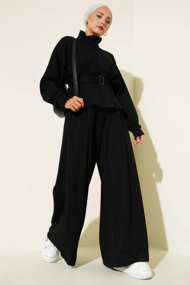 Loyşa Bel Pensli Kuşaklı İkili Takım Siyah - İkili Takım