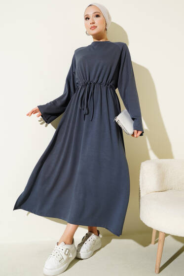 Loyşa Bel Tünel Detaylı Elbise Füme - Elbise