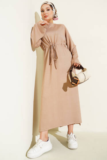 Loyşa Bel Tünel Detaylı Elbise Latte - Elbise