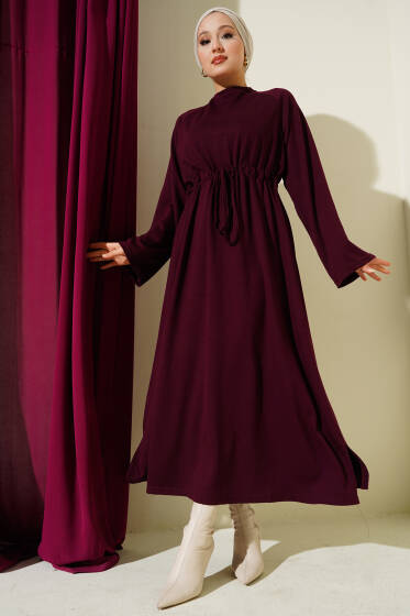 Loyşa Bel Tünel Detaylı Elbise Mürdüm - Elbise