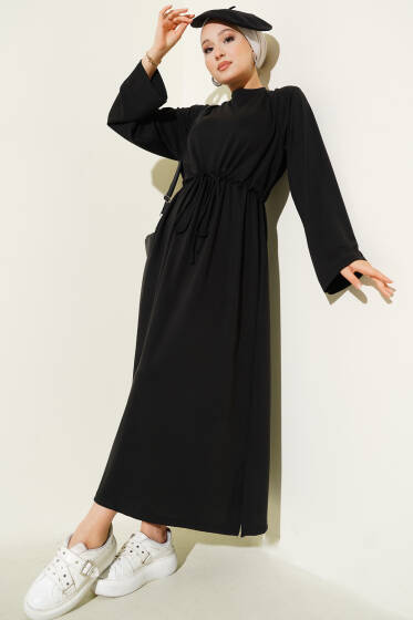 Loyşa Bel Tünel Detaylı Elbise Siyah - Elbise
