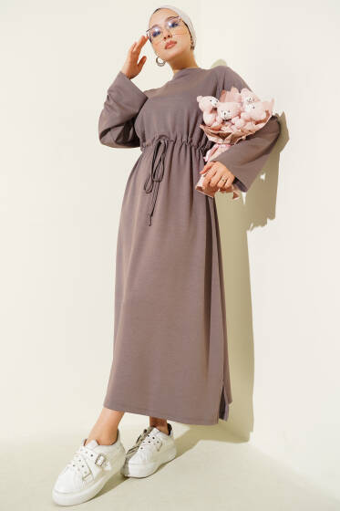 Loyşa Bel Tünel Detaylı Elbise Vizon - Elbise