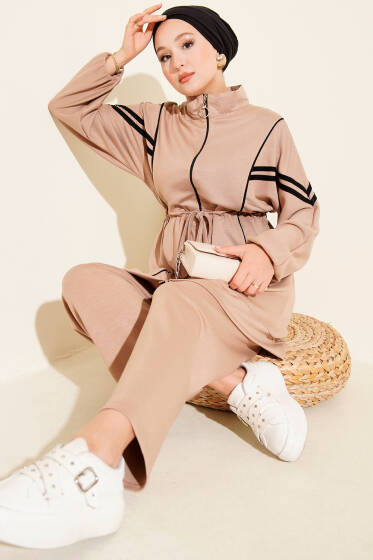 Loyşa Bel Tünelli Şeritli İkili Takım Latte - İkili Takım