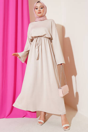 Loyşa Beli Tünelli Elbise Bej - Elbise
