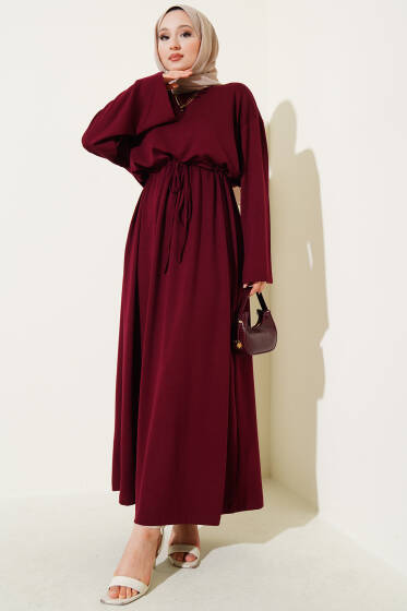 Loyşa Beli Tünelli Elbise Bordo - Elbise
