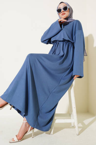 Loyşa Beli Tünelli Elbise İndigo - Elbise