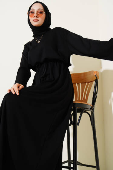 Loyşa Beli Tünelli Elbise Siyah - Elbise