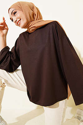 Loyşa Bilek Armalı Basic Bluz Acı Kahve - ELFİDA TEKSTİL