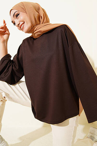Loyşa Bilek Armalı Basic Bluz Acı Kahve - Bluz