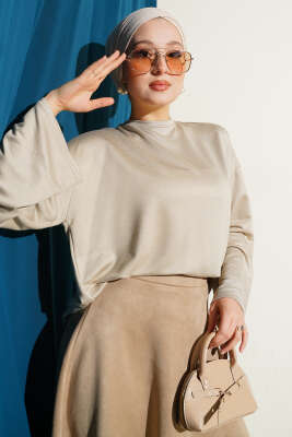 Loyşa Bilek Armalı Basic Bluz Bej - ELFİDA TEKSTİL