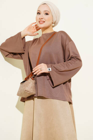 Loyşa Bilek Armalı Basic Bluz Kahve - Bluz