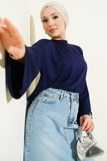 Loyşa Bilek Armalı Basic Bluz Lacivert - Yılın Fırsatı