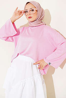 Loyşa Bilek Armalı Basic Bluz Pembe 
