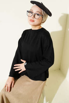 Loyşa Bilek Armalı Basic Bluz Siyah - ELFİDA TEKSTİL