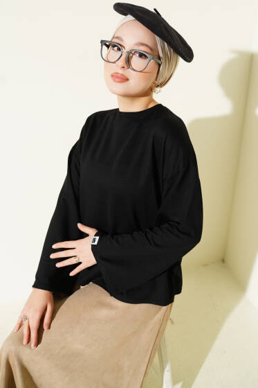 Loyşa Bilek Armalı Basic Bluz Siyah - Bluz