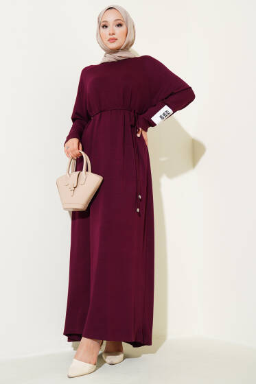 Loyşa Bilek Armalı Kuşaklı Elbise Mürdüm - Elbise