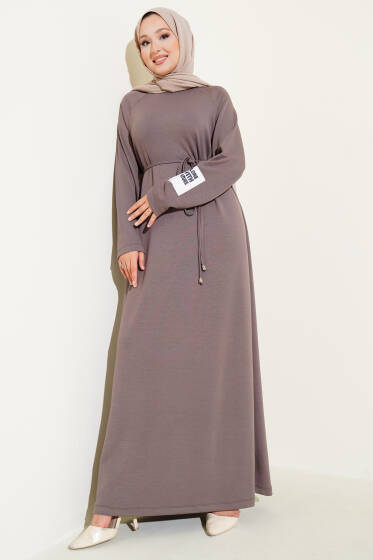 Loyşa Bilek Armalı Kuşaklı Elbise Vizon - Elbise