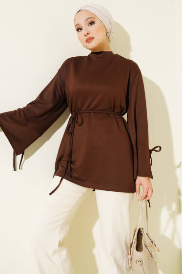 Loyşa Bilek İp Bağlamalı Tunik Kahve - Tunik